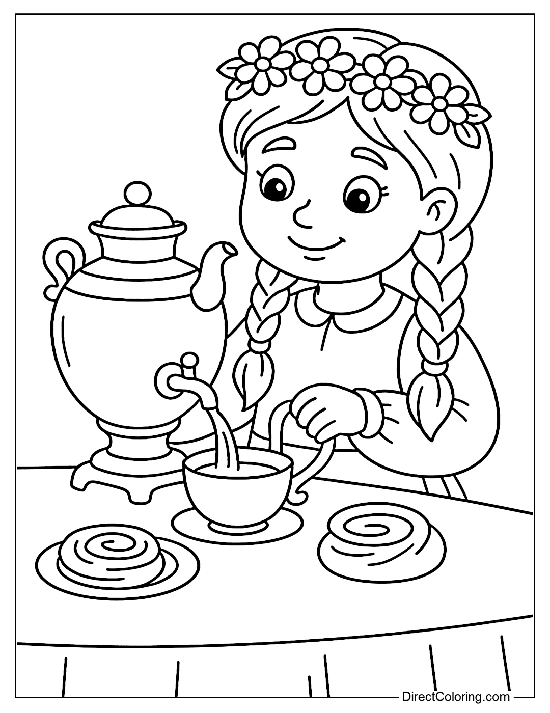 Coloring page of a girl pouring tea from a samovar, with cakes and small cups on the table.